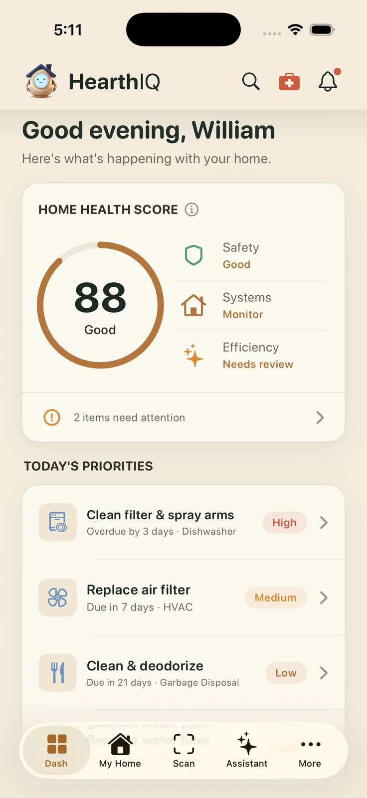 The HearthIQ app dashboard showing the Home Health Score