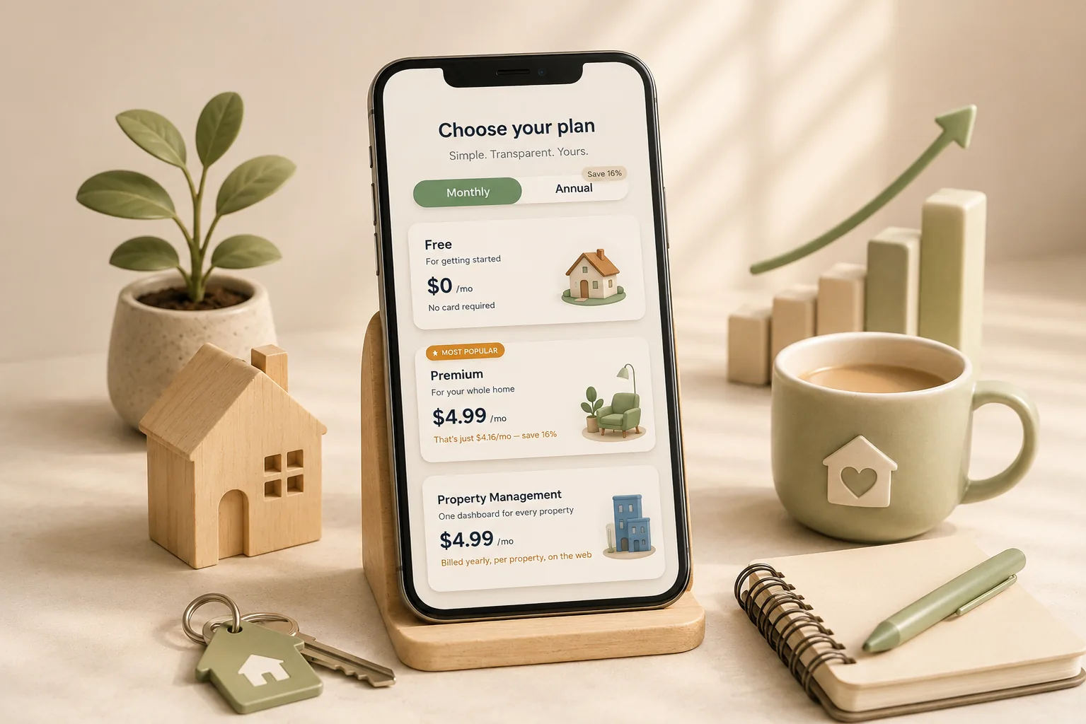 Phone showing HearthIQ plan chooser on a cozy desk