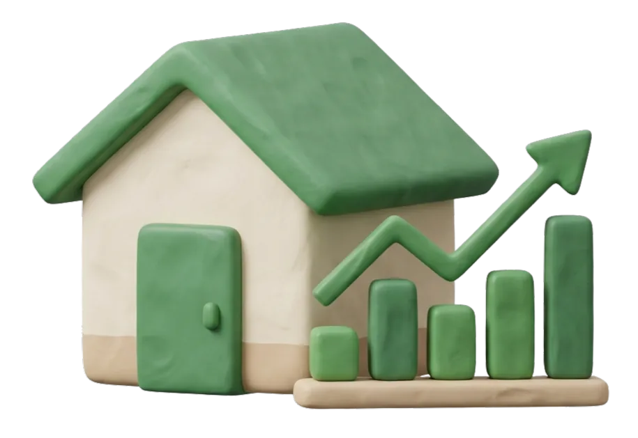 Soft-3D clay green house beside an upward-trending growth chart